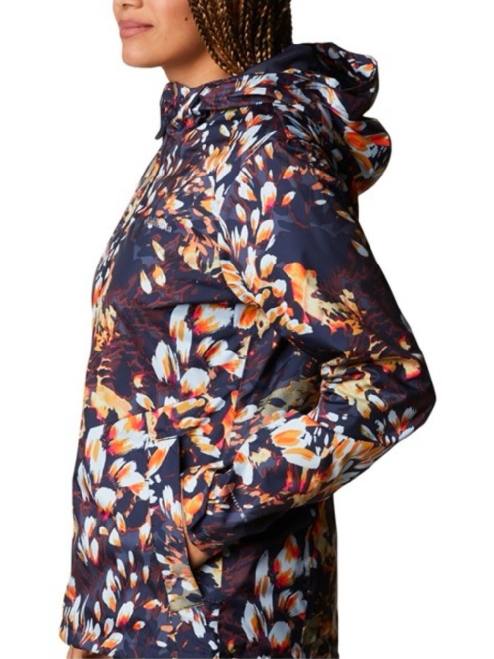 Columbia Floral Hooded Rain Jacket in Navy and Orange